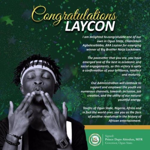 Big Brother Naija 2020 Winner, Laycon Receives Congratulatory Message From Ogun State Governor