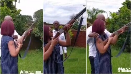 Ned Nwoko Teaches Wife Regina Daniels To fire Her First Gun - Video