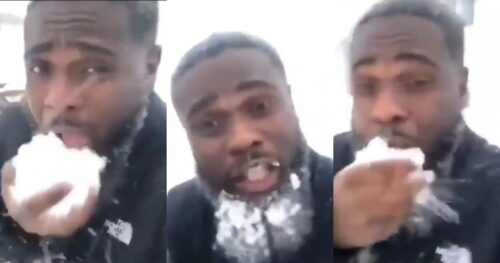 Ghanaian Guy Trends Online As He Eats Snow Like Popcorn In America - Video Below
